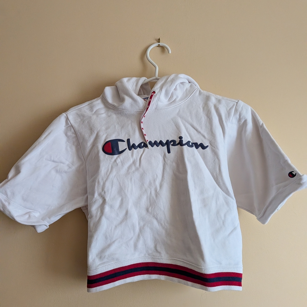 Champion White Shirt with Red and Blue Accents